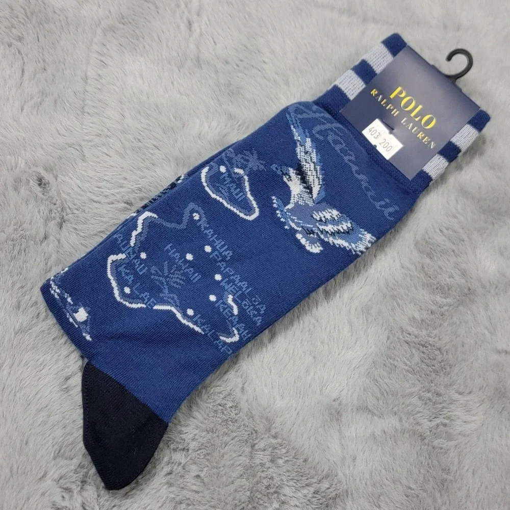 Polo Ralph Lauren Socks Mens 10-13 Blue Hawaii Island Map Eagle Mid Calf Cotton